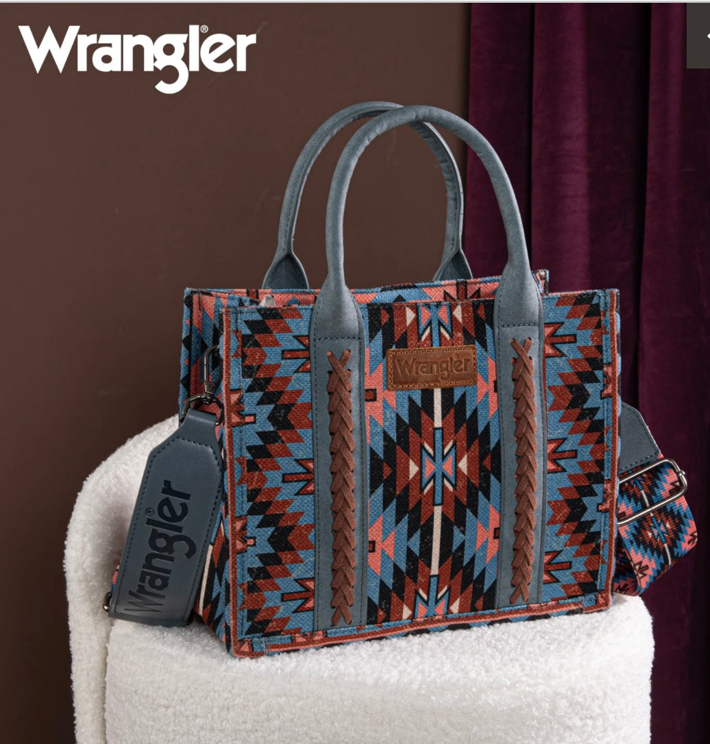 Wrangler Southwestern Pattern Dual Sided Print-Tote/Crossbody-Navy