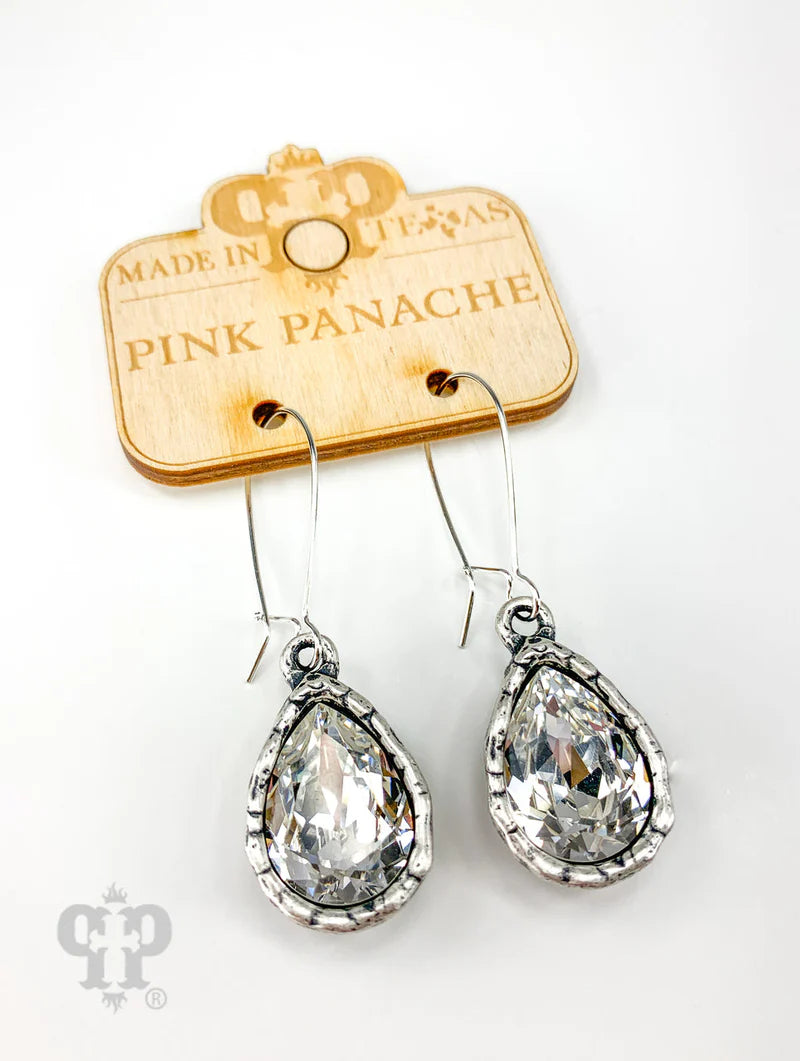 Pink Pananche Austrian crystal pear shape teardrop silver large earrings