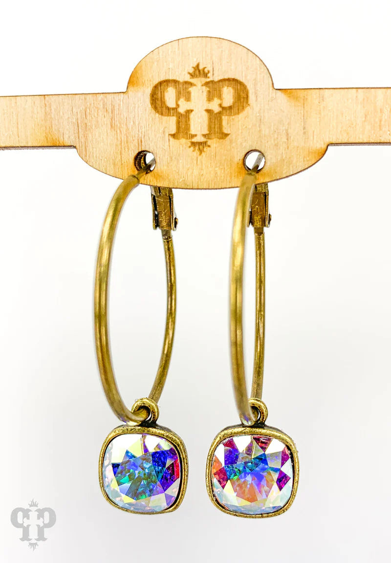 Pink Panache Austrian square crystal hoop earring AB/Bronze