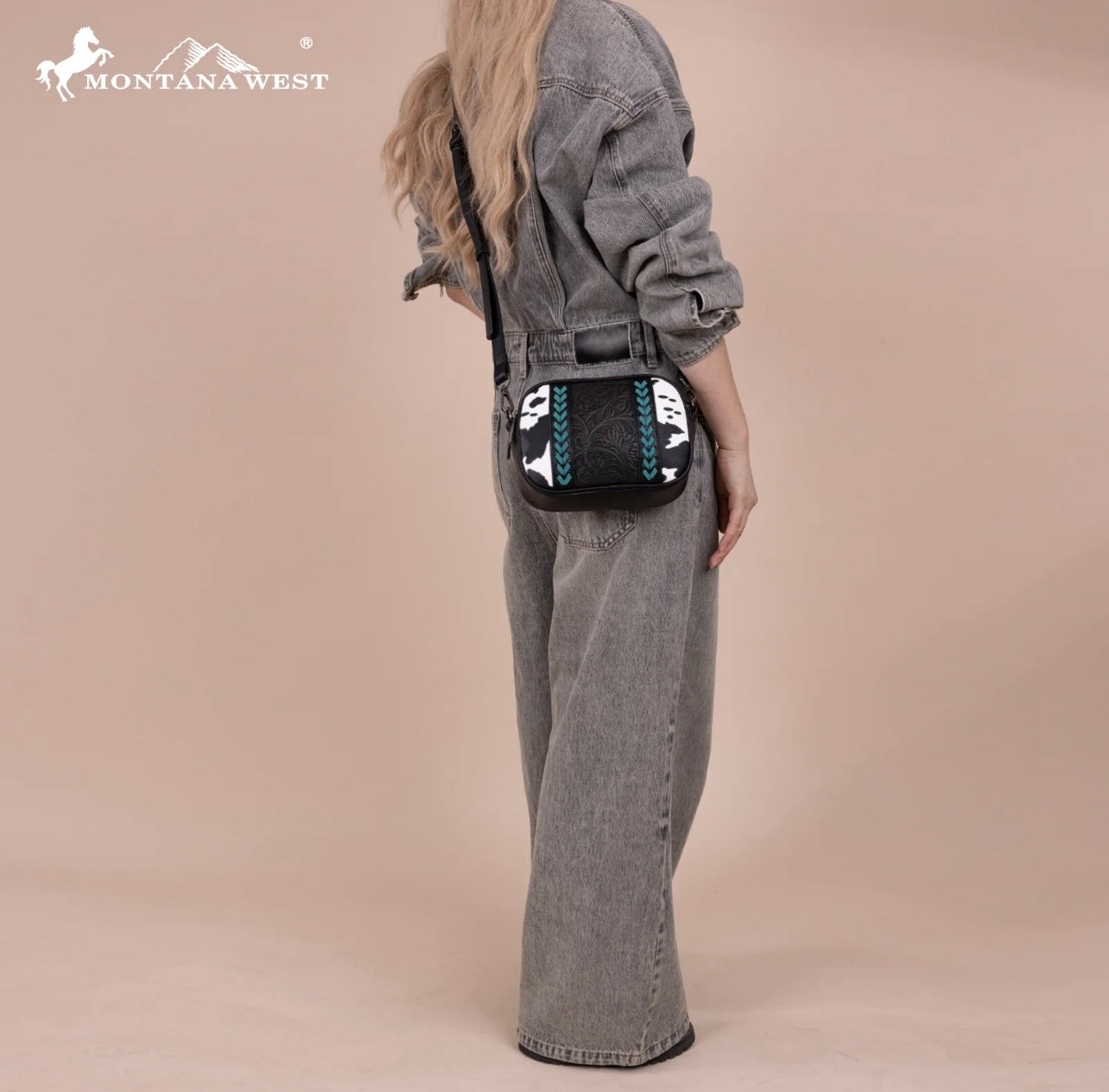 Montana West Cow Print Tooled Collection Crossbody - Black