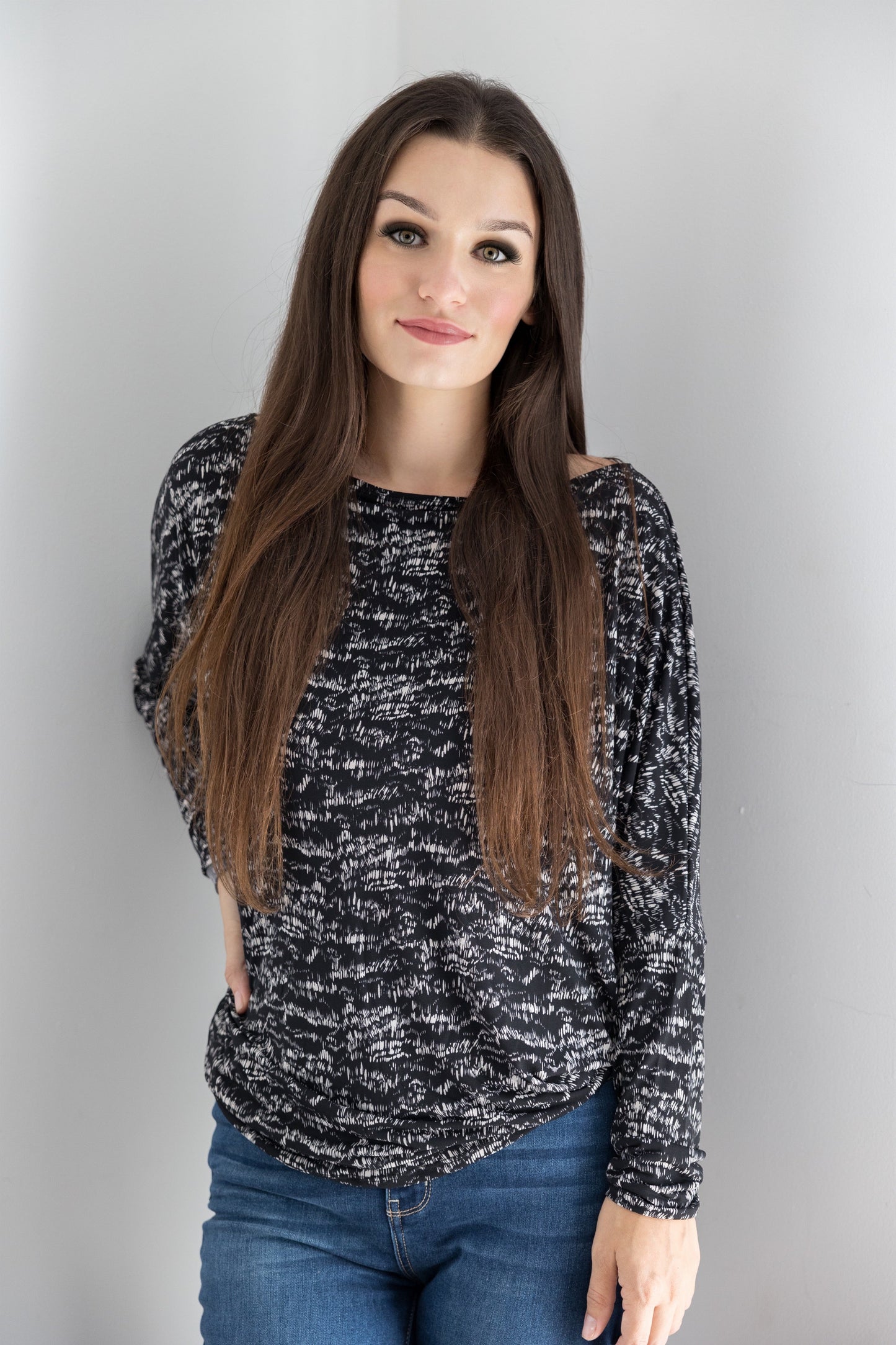 White Birch Salt & Pepper Long Sleeve Dolman