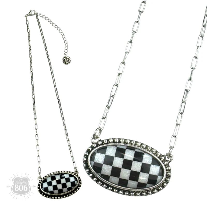 Accessories 806 Checkerboard print oval pendant necklace