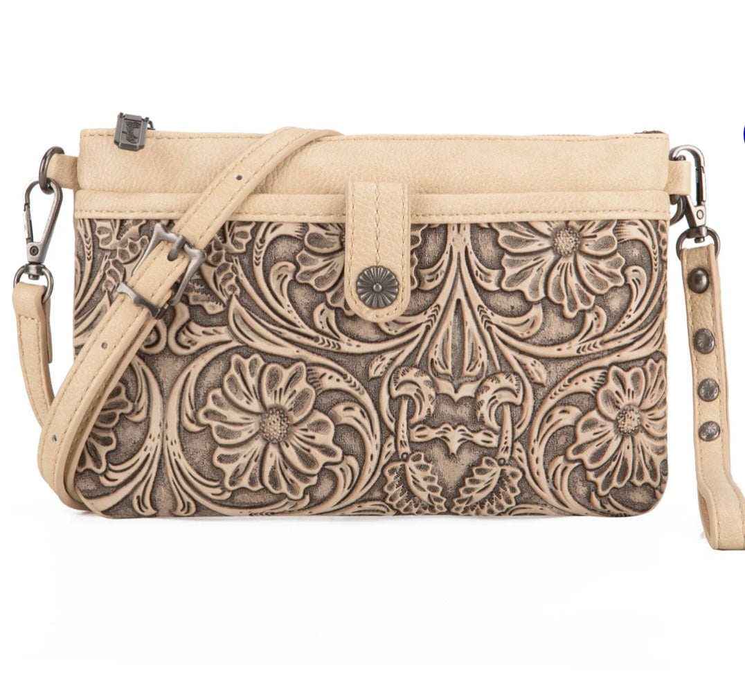 Wrangler Vintage Floral Tooled Collection Crossbody-Tan