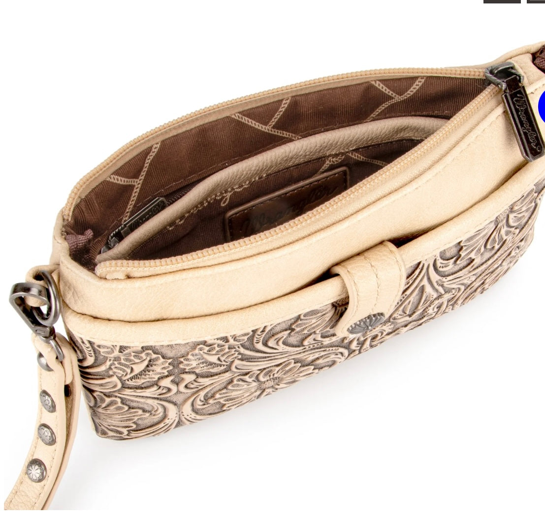 Wrangler Vintage Floral Tooled Collection Crossbody-Tan