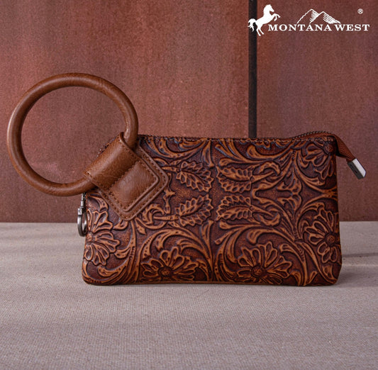 Montana West Floral Tooled Ring Handle Wristlet