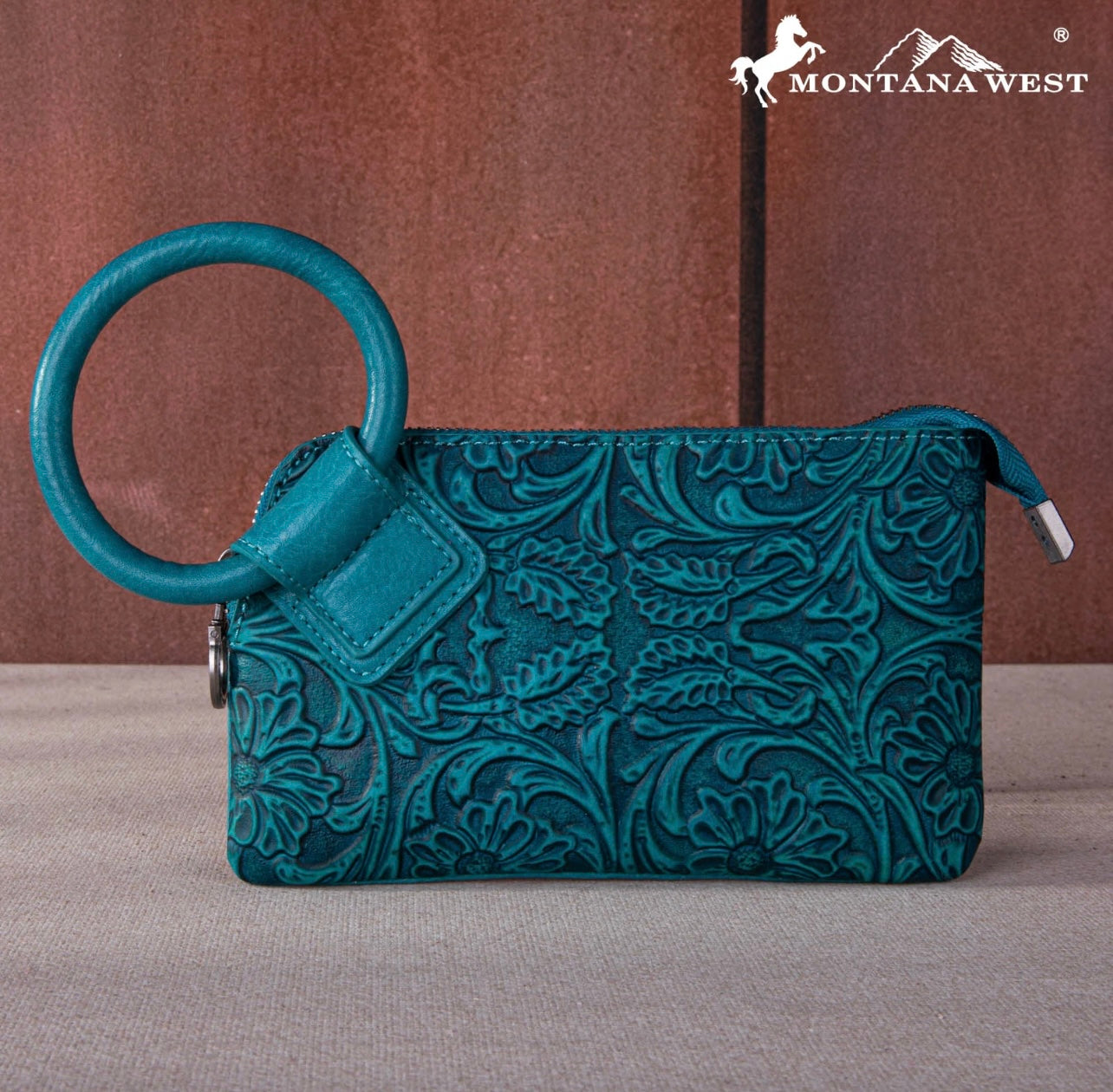Montana West Floral Tooled Ring Handle Wristlet