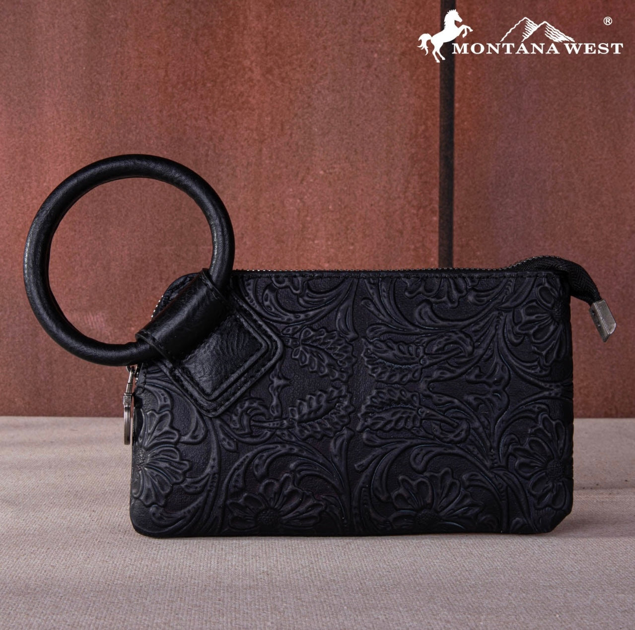 Montana West Floral Tooled Ring Handle Wristlet