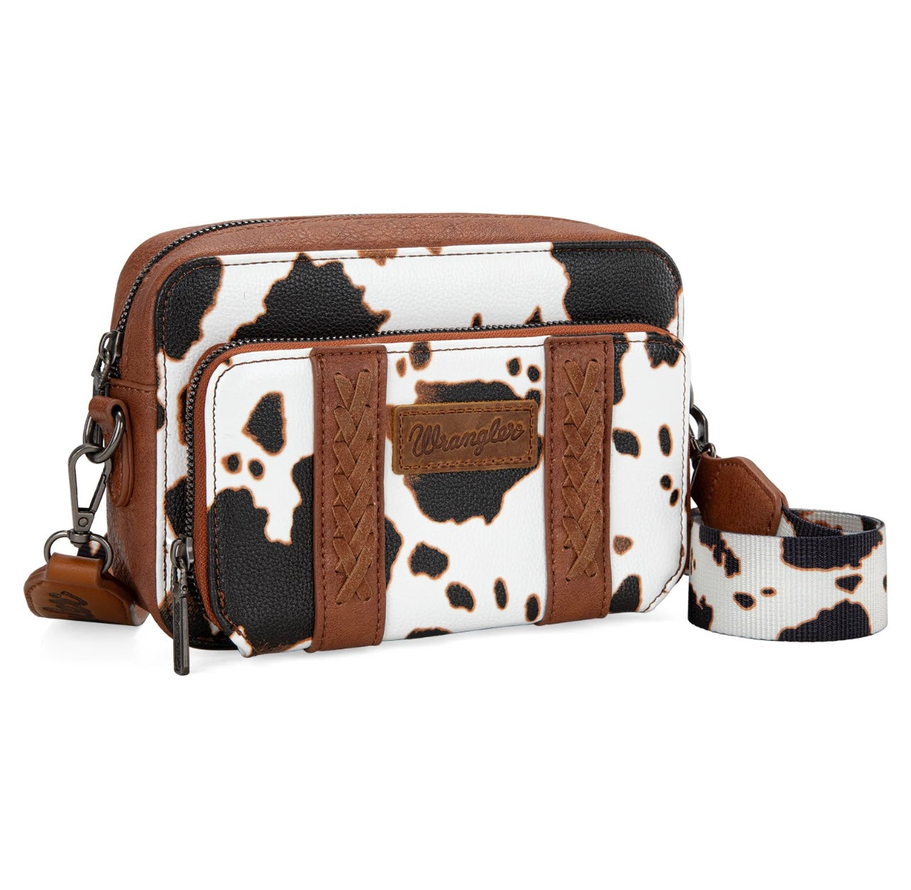 Wrangler Cow Print Crossbody Purse With Wallet Compartment - Brown
