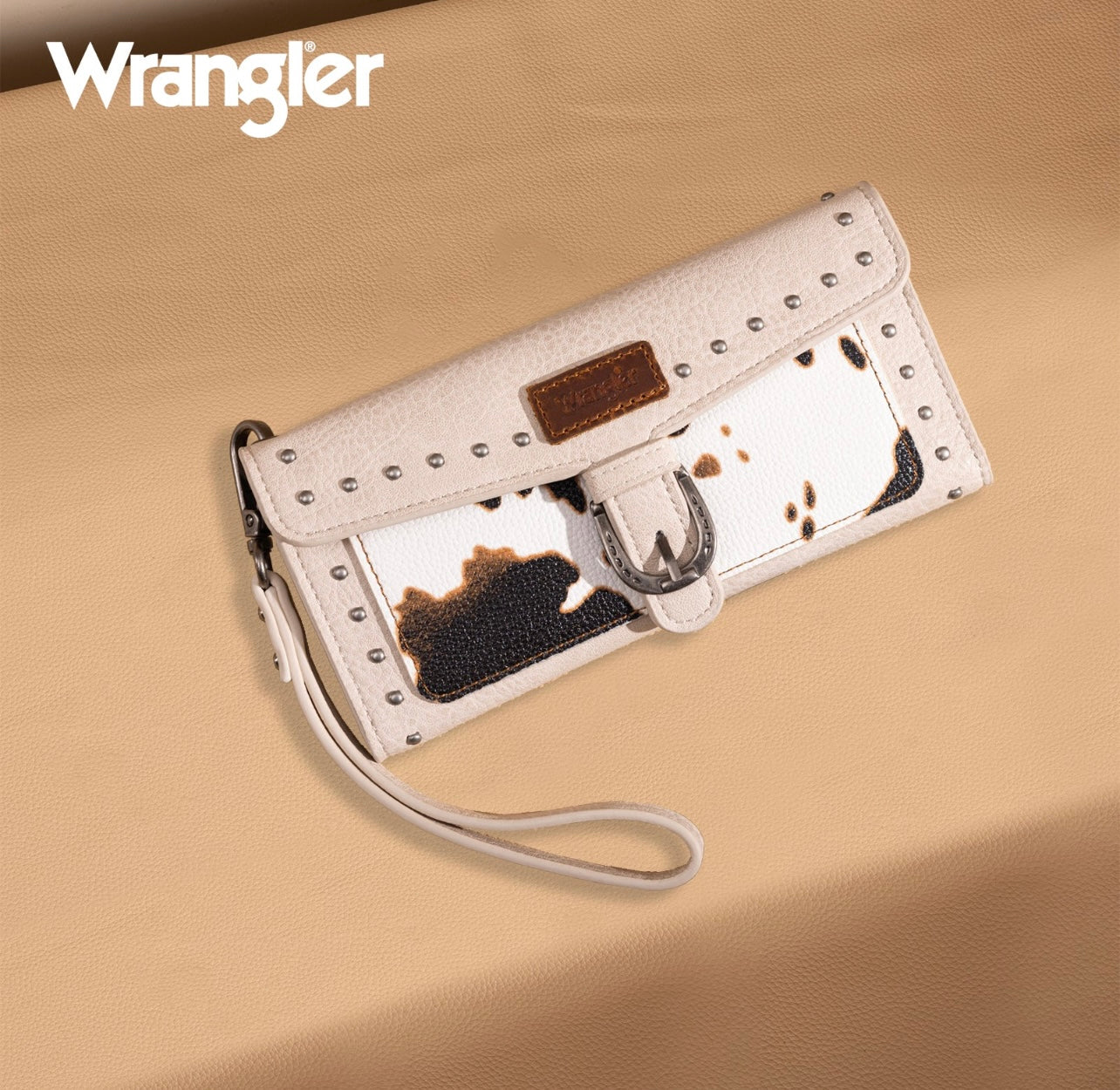 Wrangler Western Cow-Print Tri-fold RFID Wallet/Wristlet With Detachable Credit Card Holder - Beige