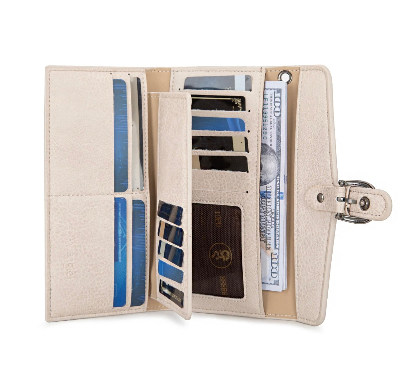 Wrangler Western Cow-Print Tri-fold RFID Wallet/Wristlet With Detachable Credit Card Holder - Beige