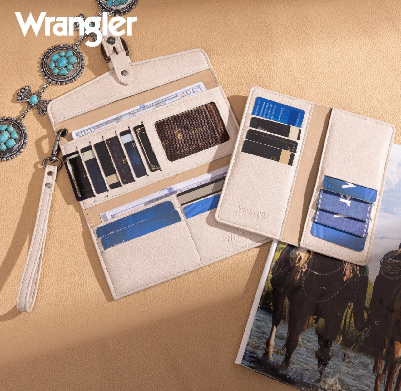 Wrangler Western Cow-Print Tri-fold RFID Wallet/Wristlet With Detachable Credit Card Holder - Beige
