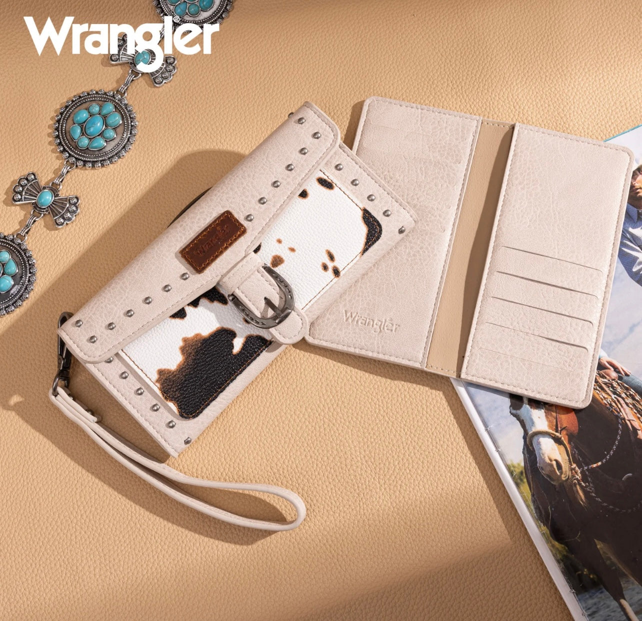 Wrangler Western Cow-Print Tri-fold RFID Wallet/Wristlet With Detachable Credit Card Holder - Beige