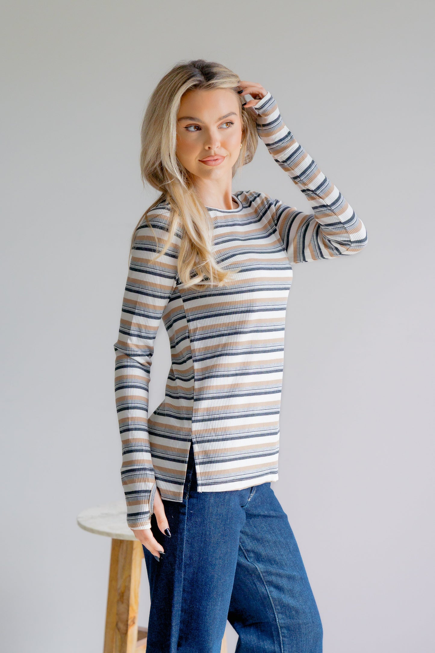 White Birch Sundown Chic Stripes Thumbhole Top