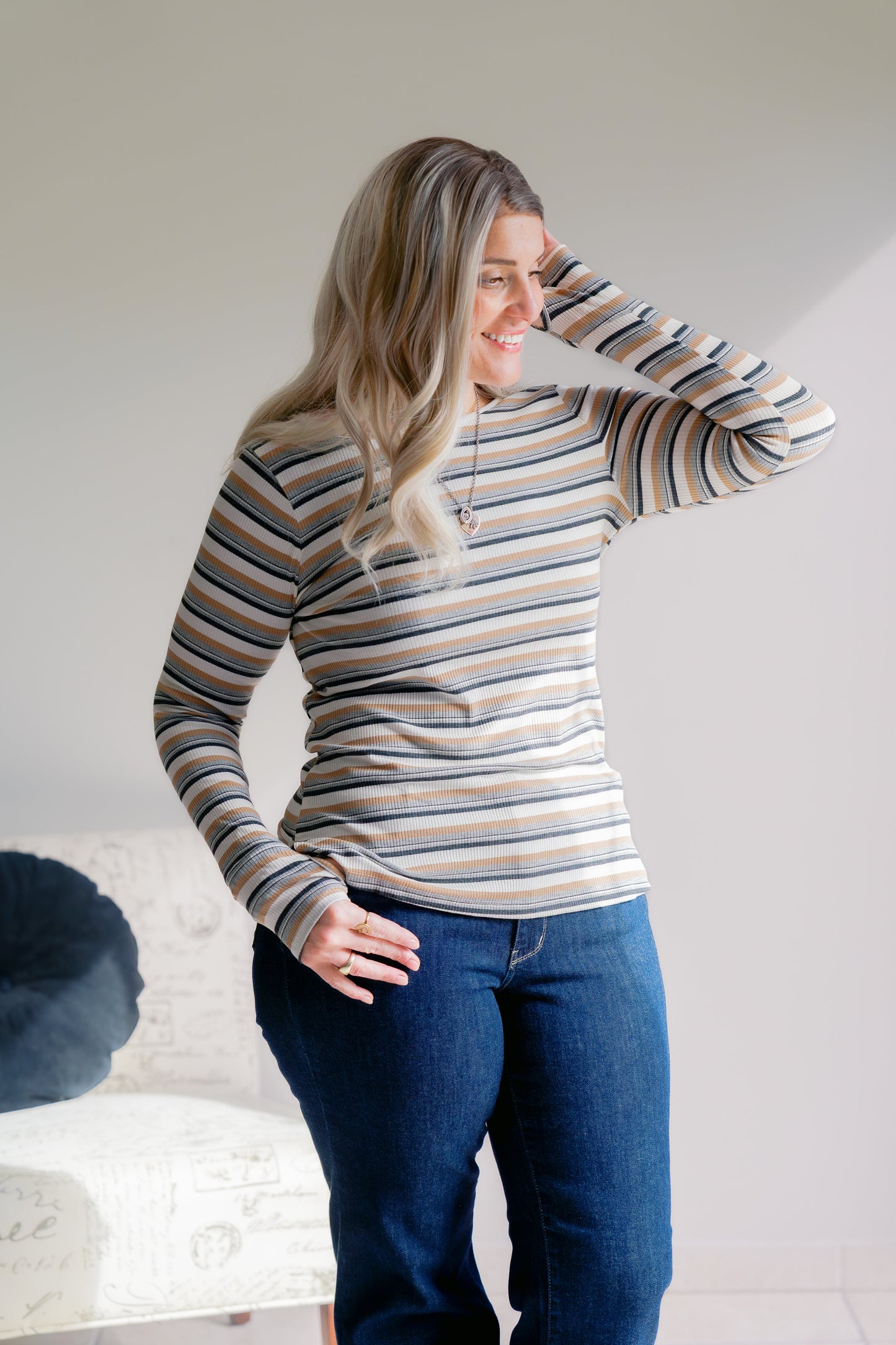 White Birch Sundown Chic Stripes Thumbhole Top