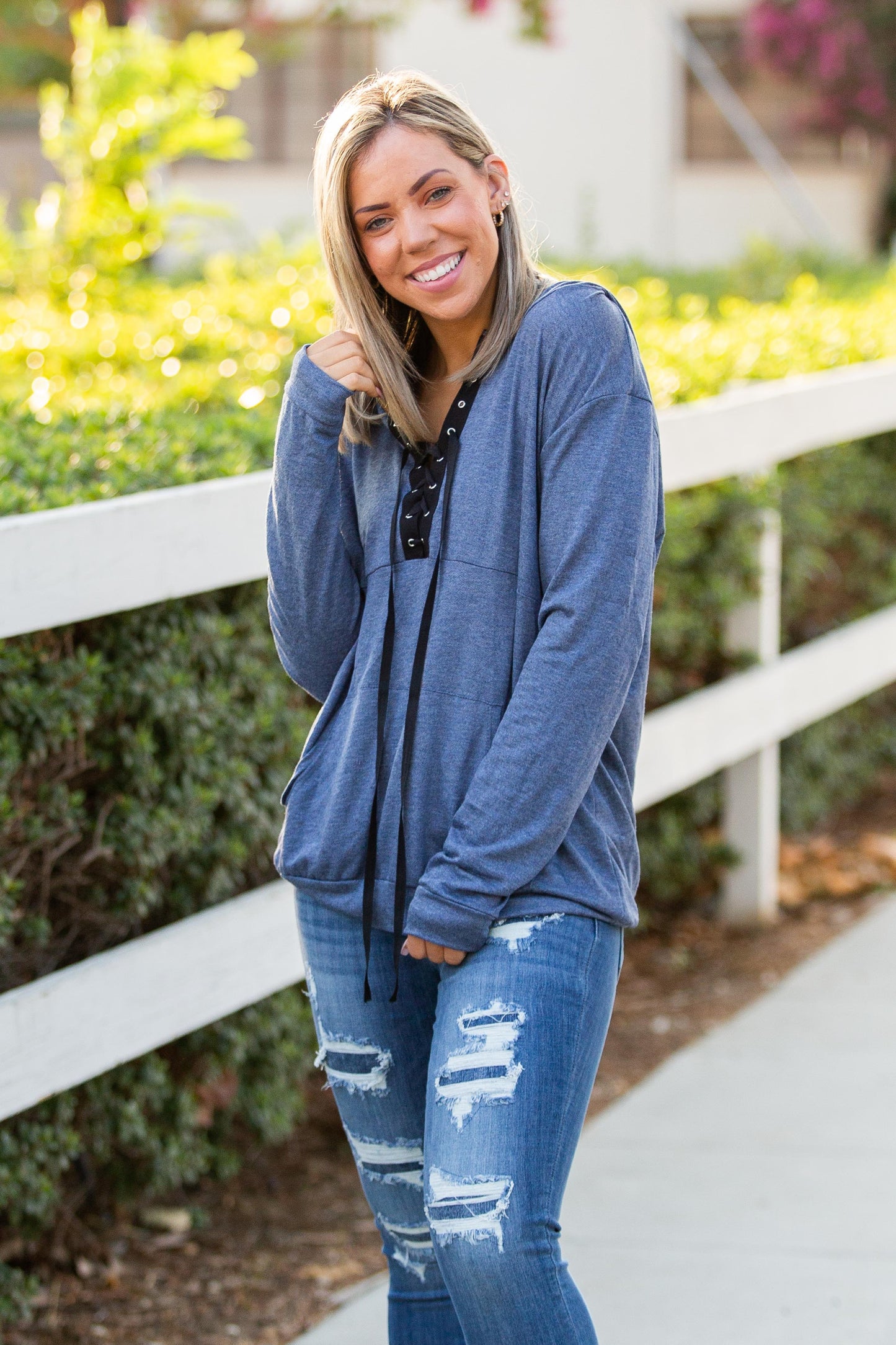 Blumin Chambray Lace Up Hoodie