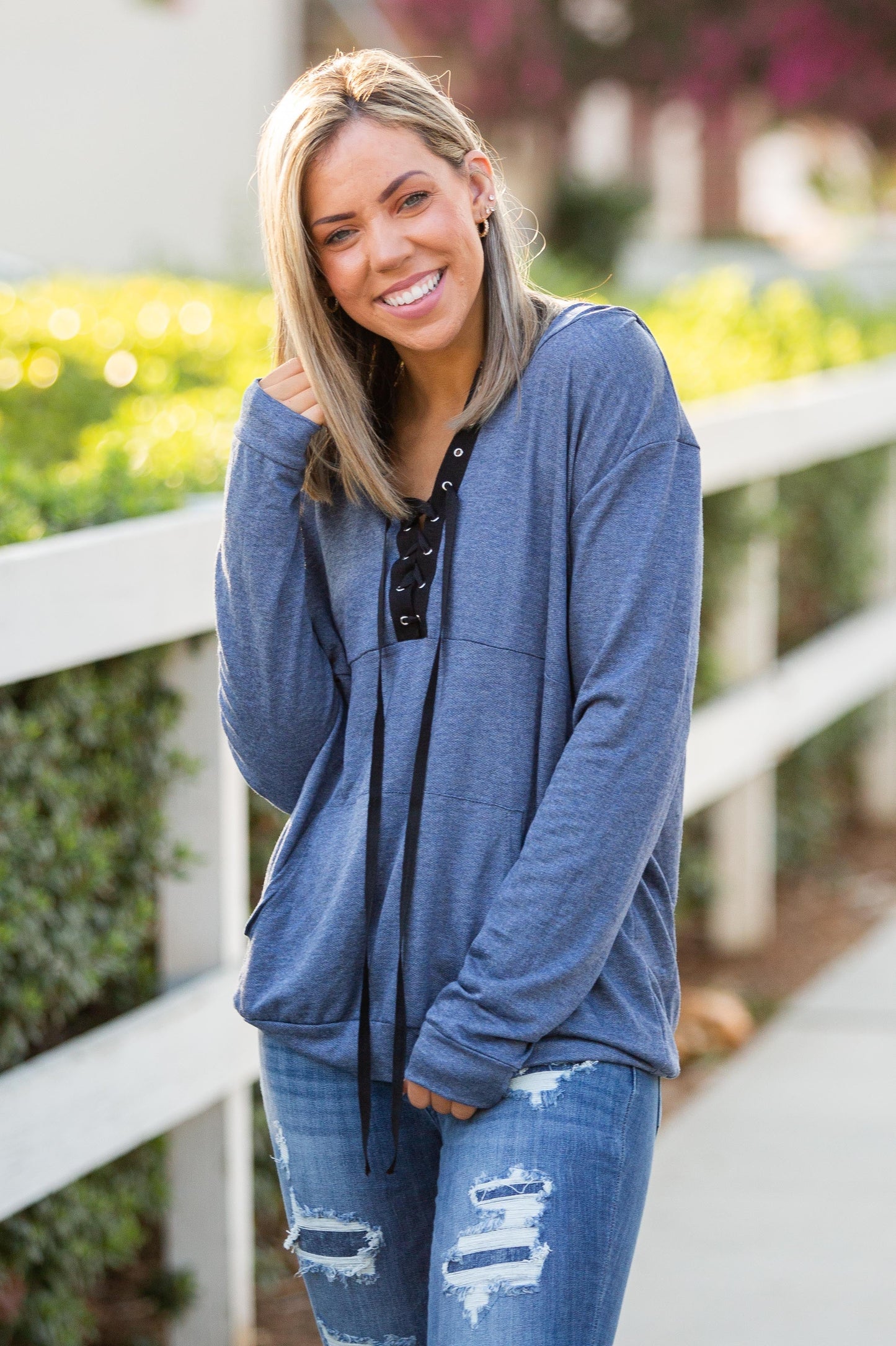 Blumin Chambray Lace Up Hoodie