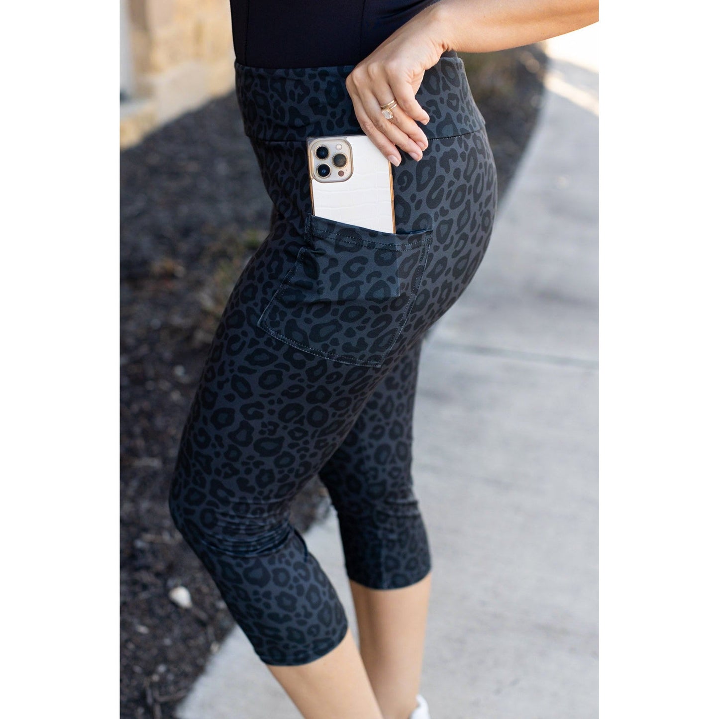 Black LEOPARD CAPRI with POCKETS  - Luxe Leggings by Julia Rose®