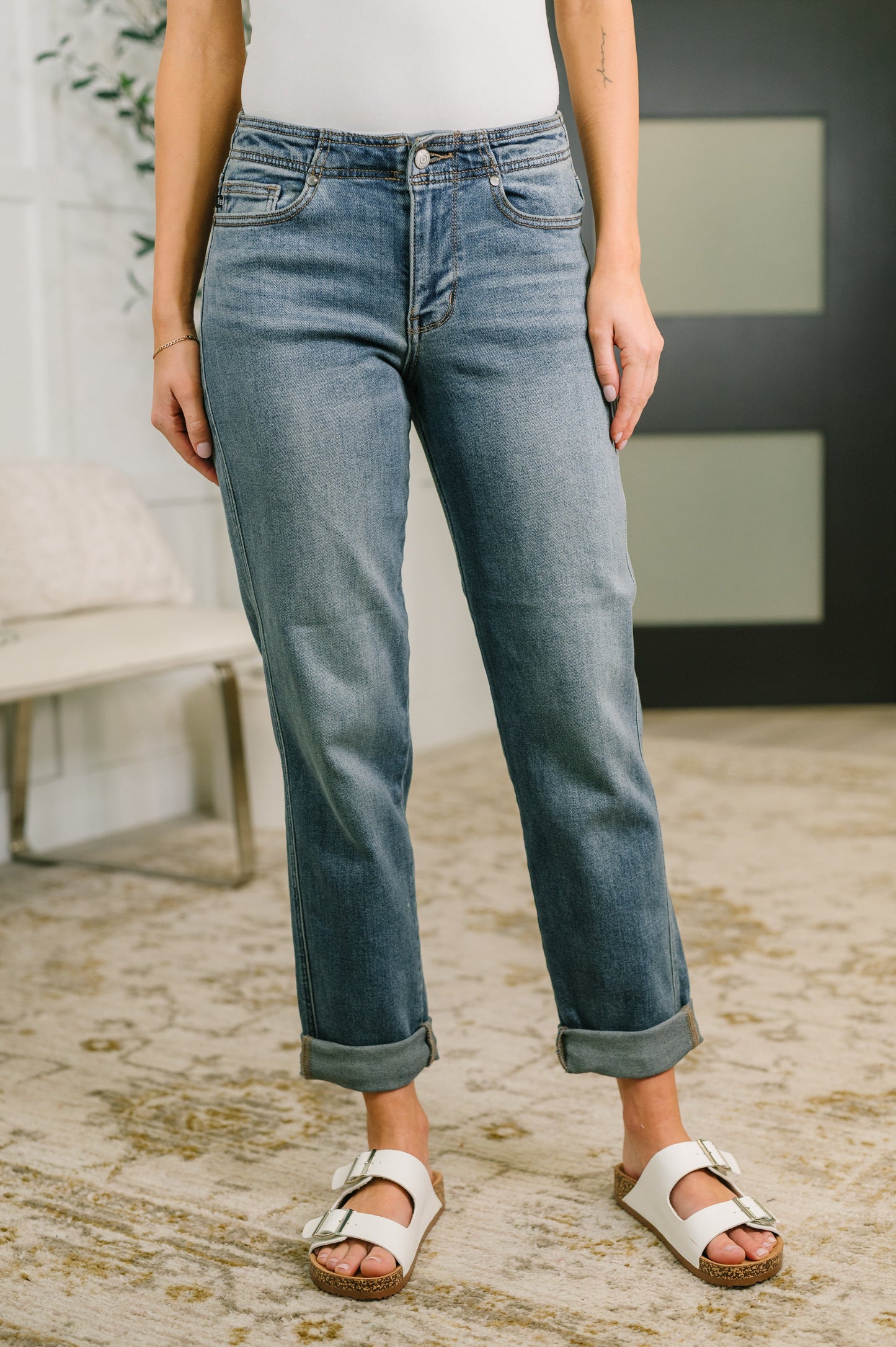 Doris Mid Rise Boyfriend with Adjustable Back Tab + Hollywood WB by Judy Blue