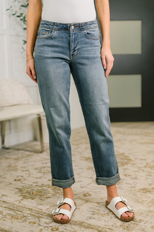 Doris Mid Rise Boyfriend with Adjustable Back Tab + Hollywood WB by Judy Blue