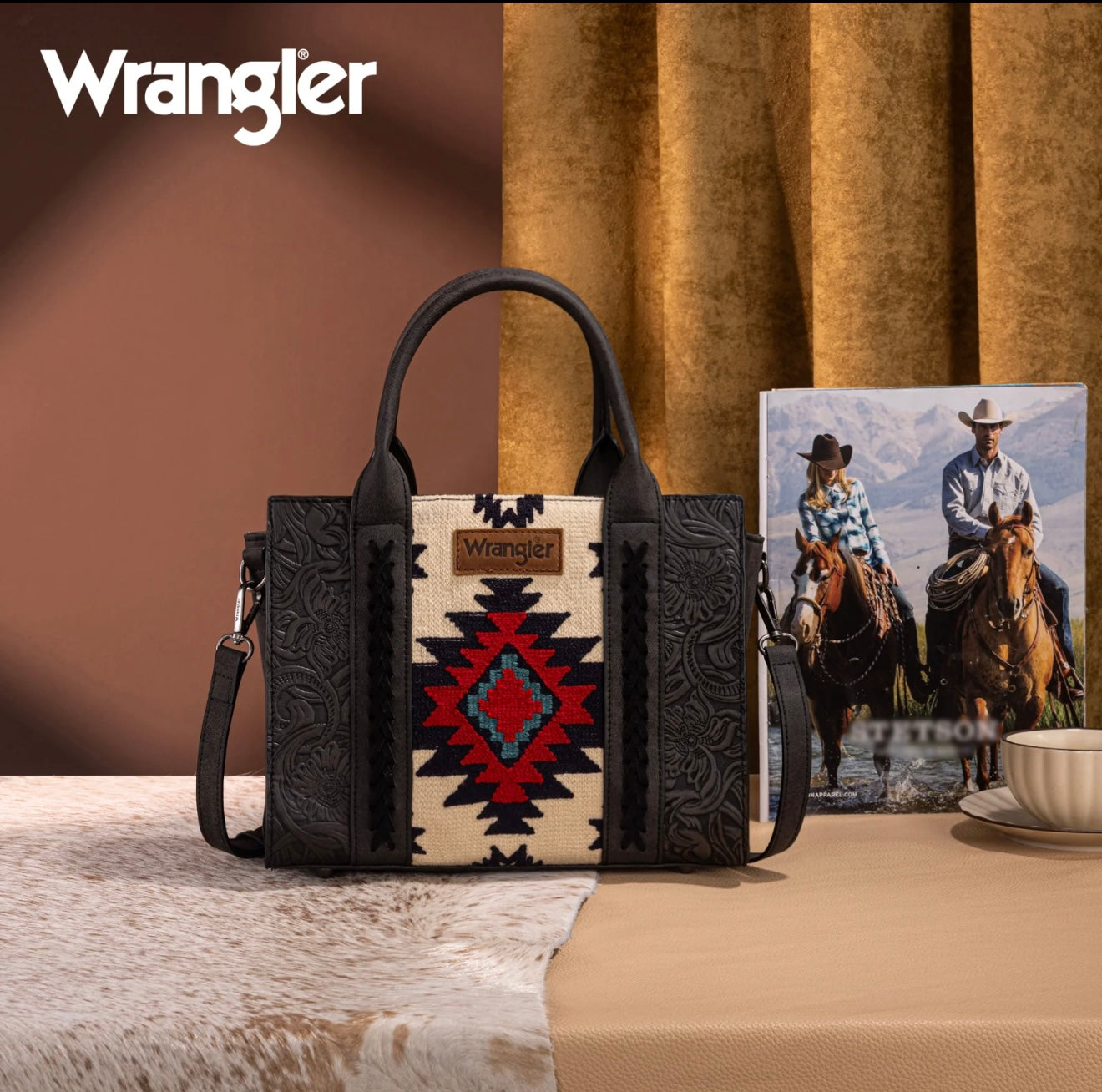 Wrangler Tooled Aztec Pattern Print Concealed Carry Tote/Crossbody -Black