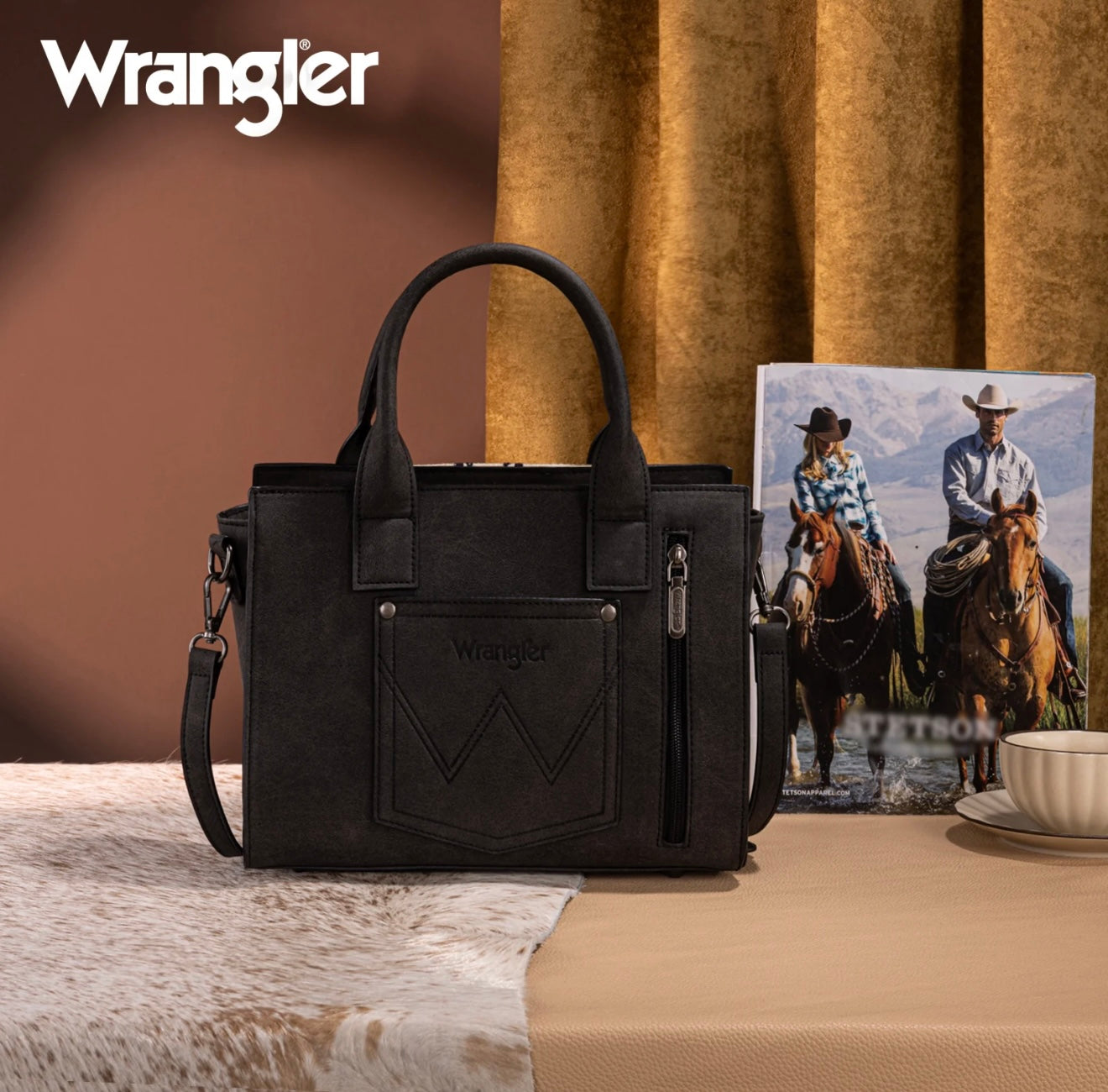 Wrangler Tooled Aztec Pattern Print Concealed Carry Tote/Crossbody -Black