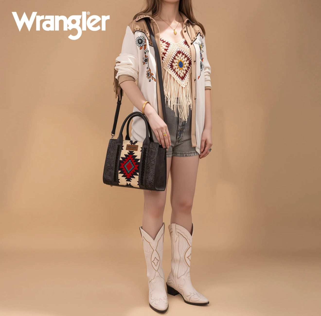 Wrangler Tooled Aztec Pattern Print Concealed Carry Tote/Crossbody -Black