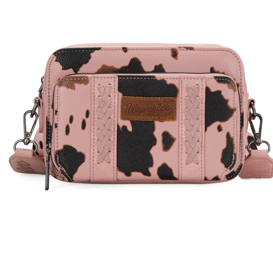 Wrangler Cow Print Crossbody Purse with Wallet Compartment-Pink