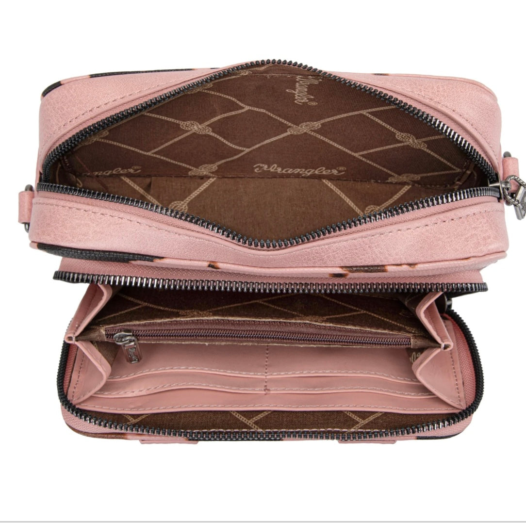 Wrangler Cow Print Crossbody Purse with Wallet Compartment-Pink