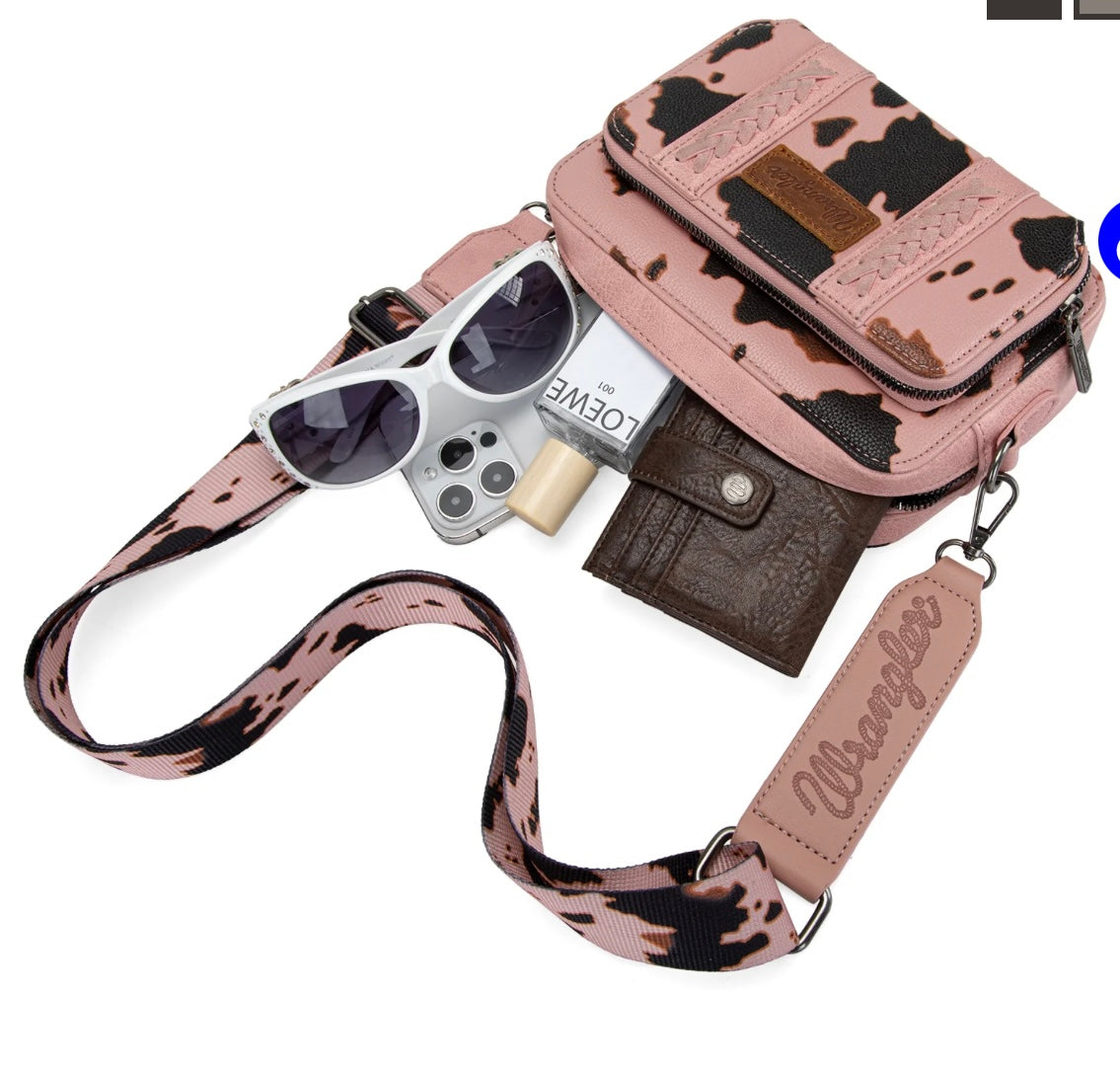 Wrangler Cow Print Crossbody Purse with Wallet Compartment-Pink