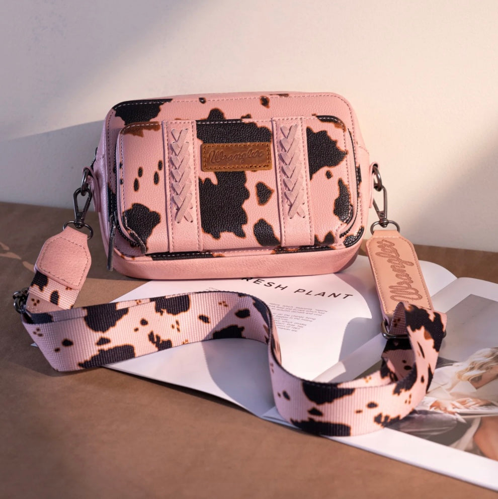 Wrangler Cow Print Crossbody Purse with Wallet Compartment-Pink