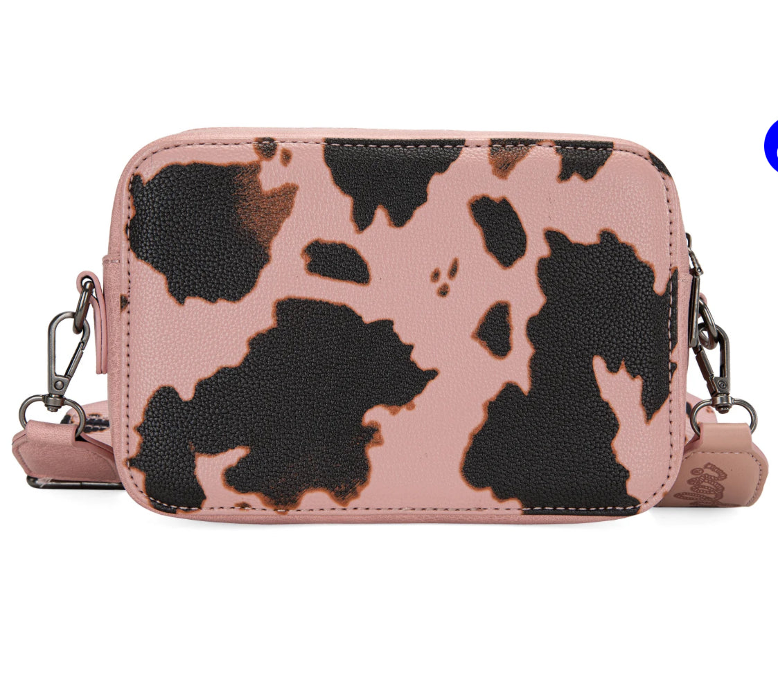 Wrangler Cow Print Crossbody Purse with Wallet Compartment-Pink