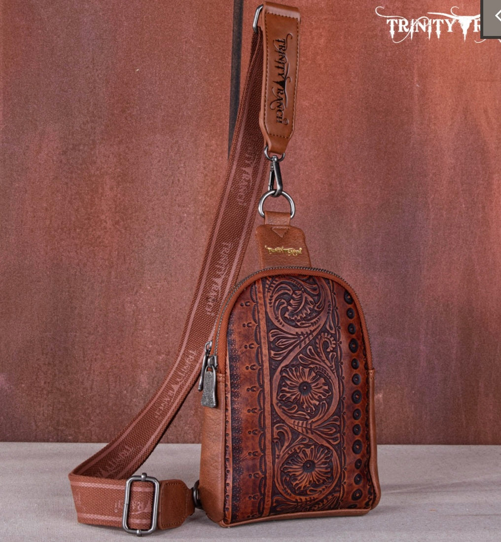 Trinity Ranch Floral Tooled Sling Bag-Brown