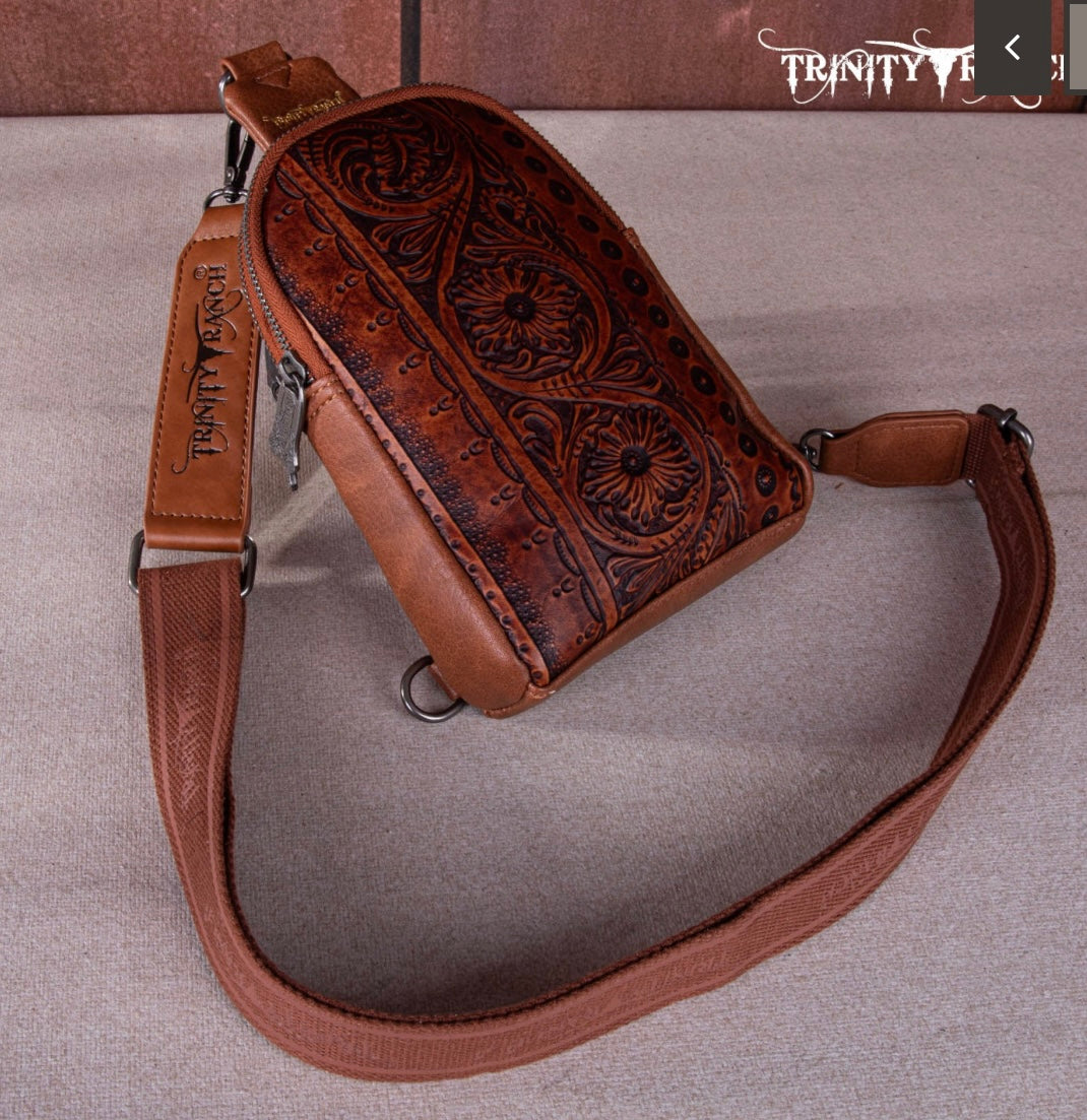 Trinity Ranch Floral Tooled Sling Bag-Brown