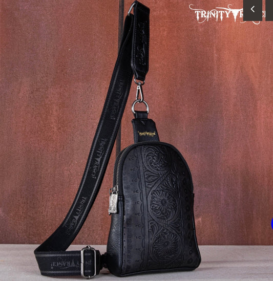 Trinity Ranch Floral Tooled Sling Bag-Black