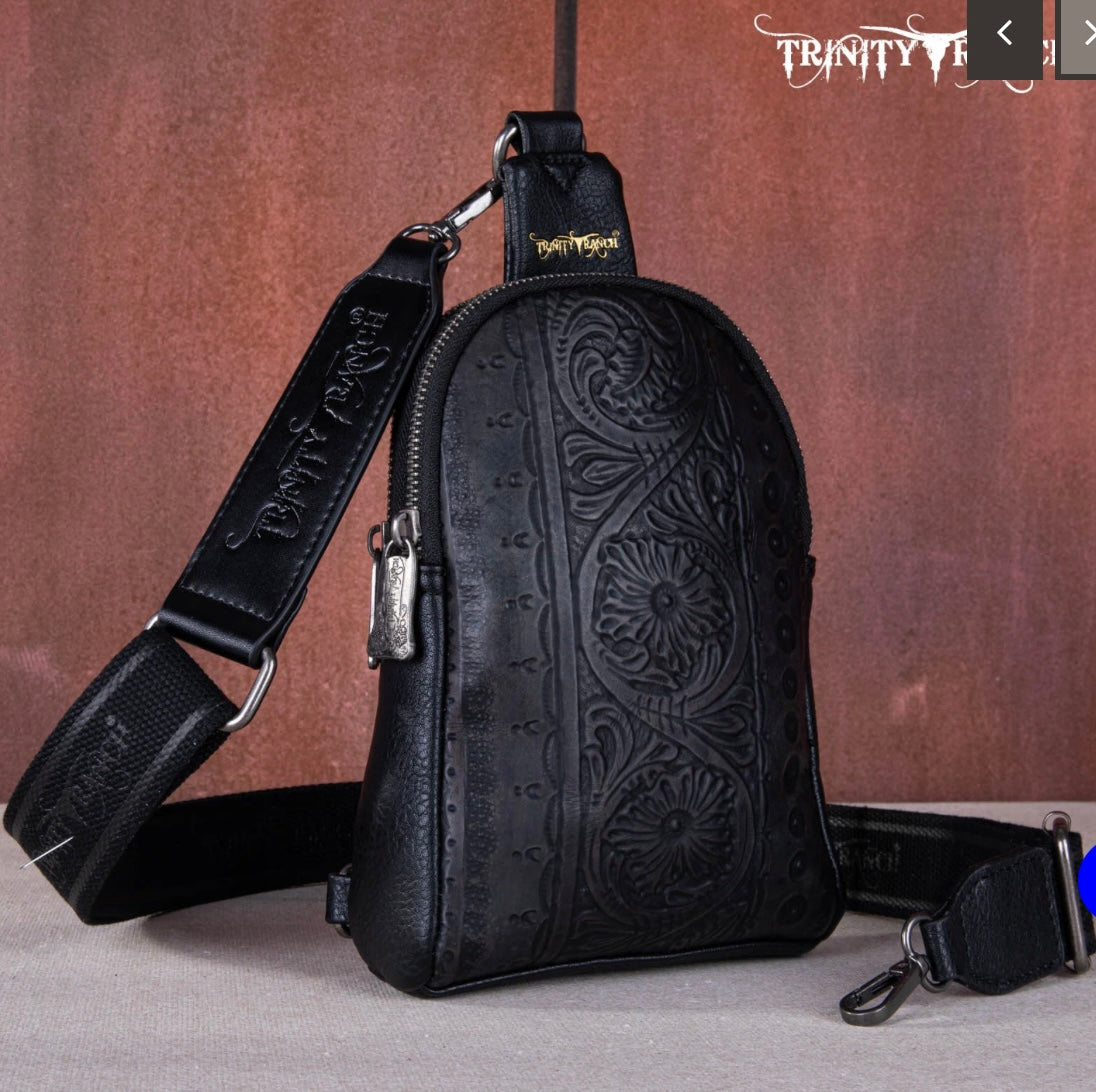 Trinity Ranch Floral Tooled Sling Bag-Black