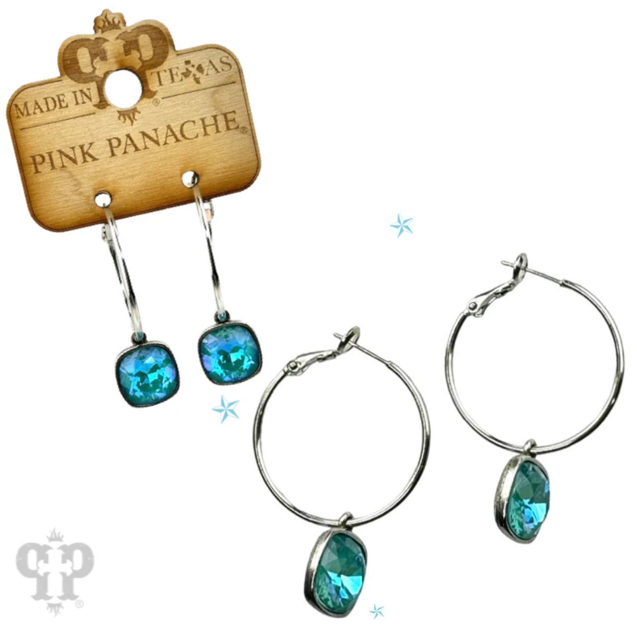 Pink Panache Square Austrian crystal hoop earring Blue/Silver