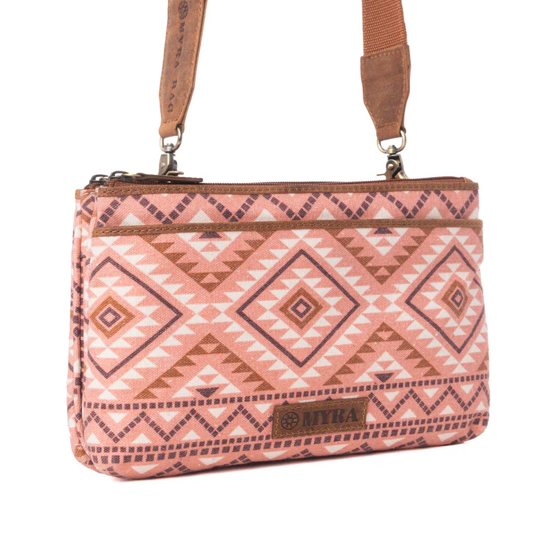 MYRA Tribal Hollow Cotton & Leather Crossbody Bag in Terra Cider