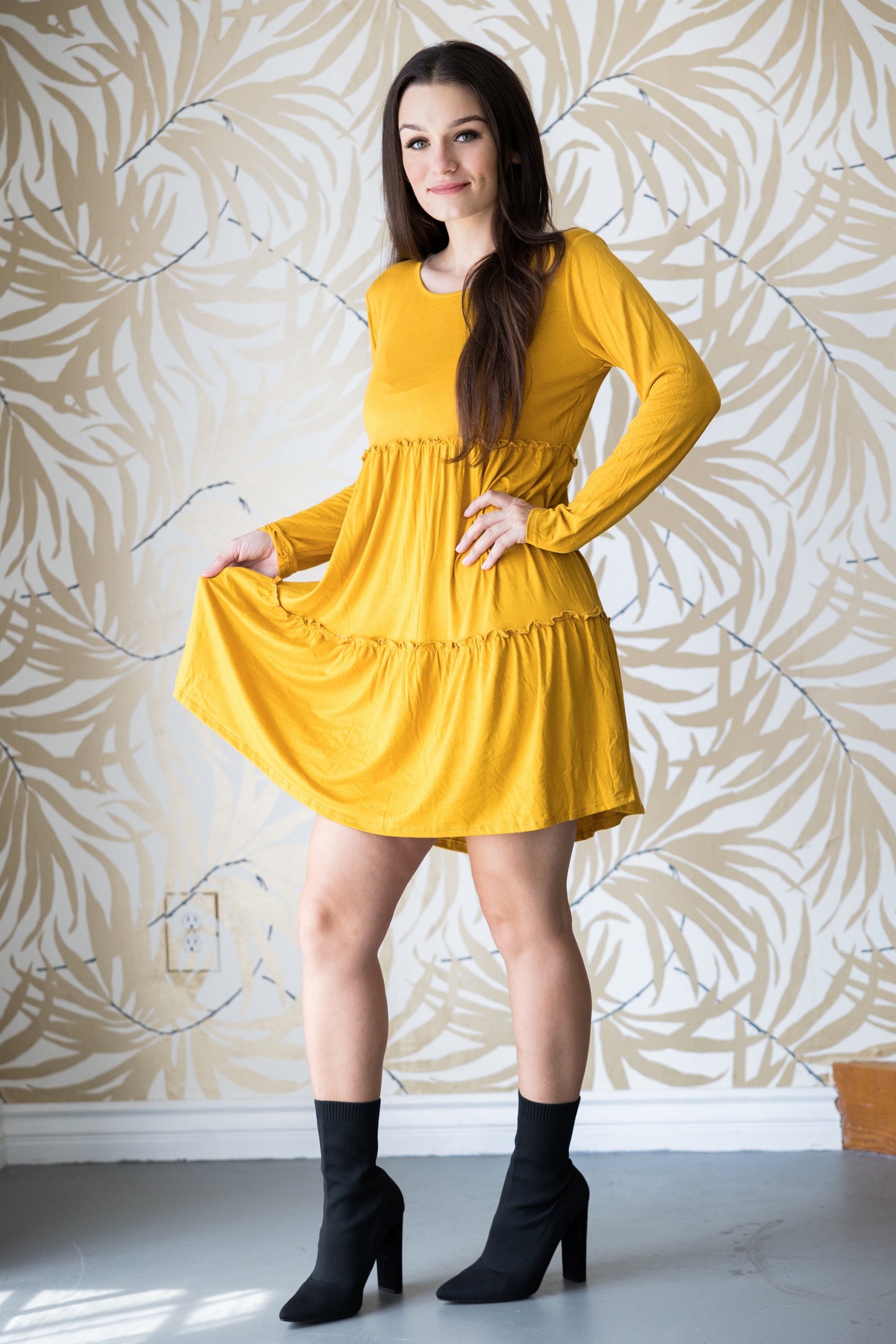 Heimish Tiered Decadence Mustard Dress