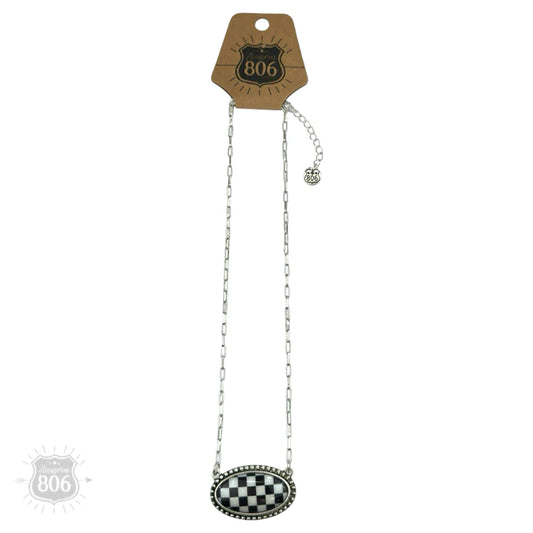 Accessories 806 Checkerboard print oval pendant necklace