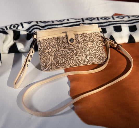 Wrangler Vintage Floral Tooled Collection Crossbody-Tan
