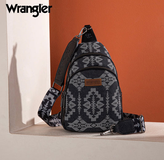 Wrangler Southwestern Print Small Canvas Sling Bag/Crossbody/Chest Bag - Black