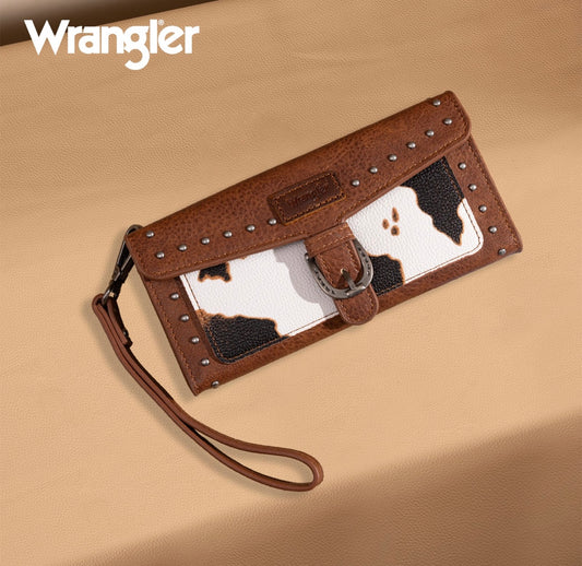 Wrangler Western Cow-Print Tri-fold RFID Wallet/Wristlet With Detachable Credit Card Holder - Brown