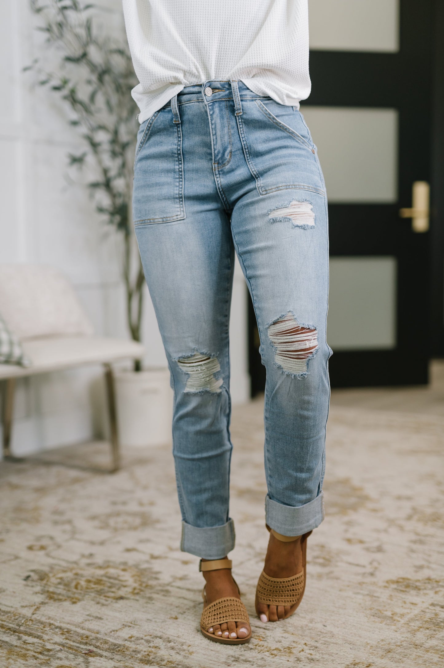 Aiden High Rise Patch Pocket Distressed Boyfriend Jeans by Judy Blue