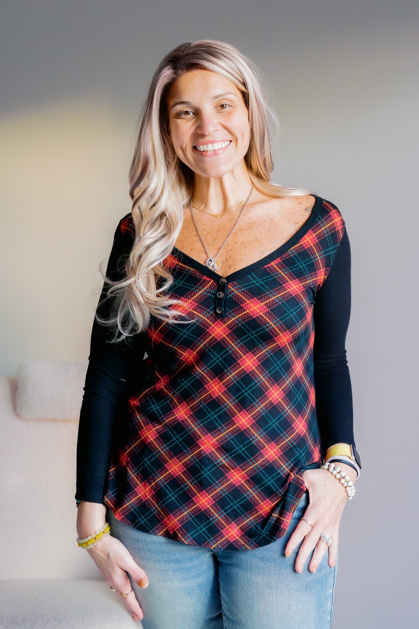 A. Gain Crimson Cabin Plaid V-Neck