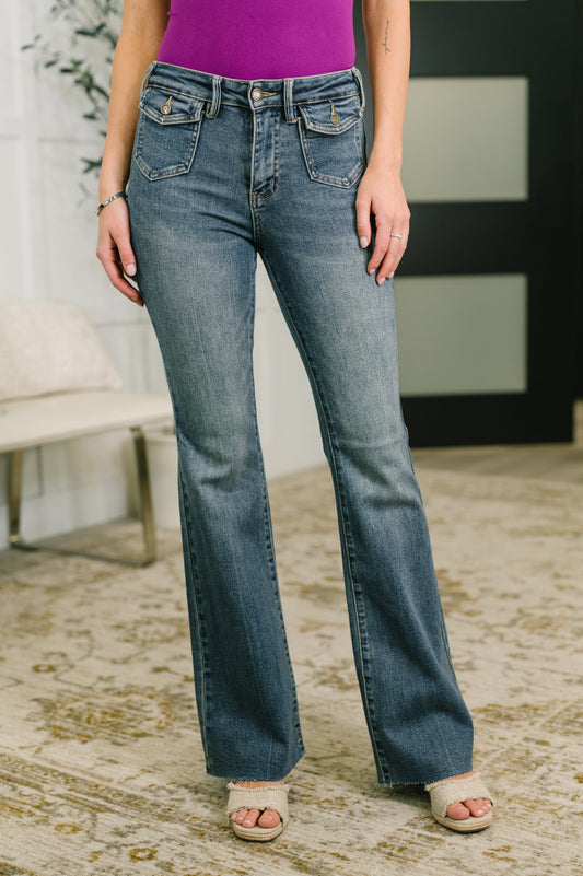 Jackie Mid Rise Flare Jean with Front Flap Pockets by Judy Blue
