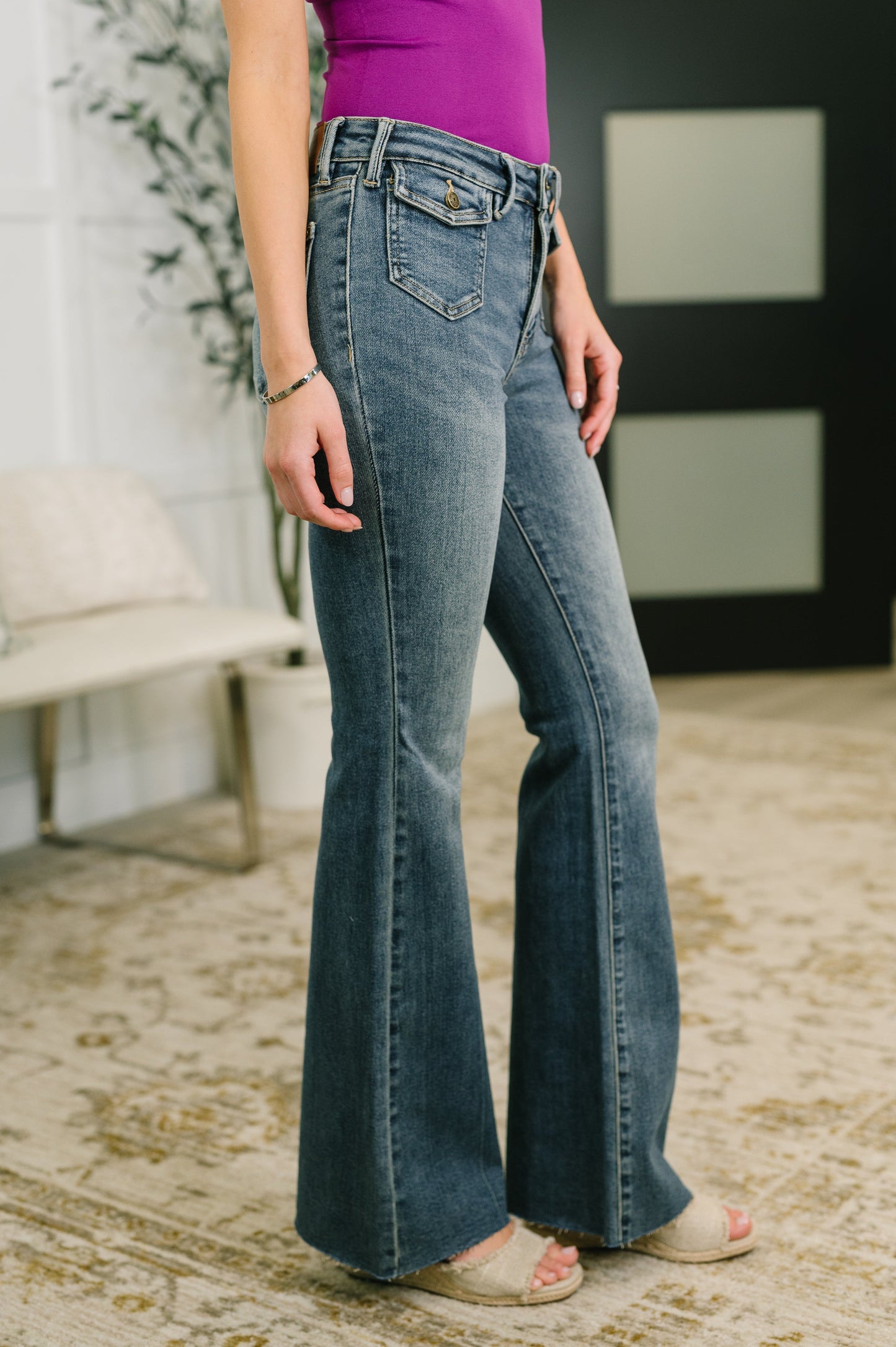 Jackie Mid Rise Flare Jean with Front Flap Pockets by Judy Blue