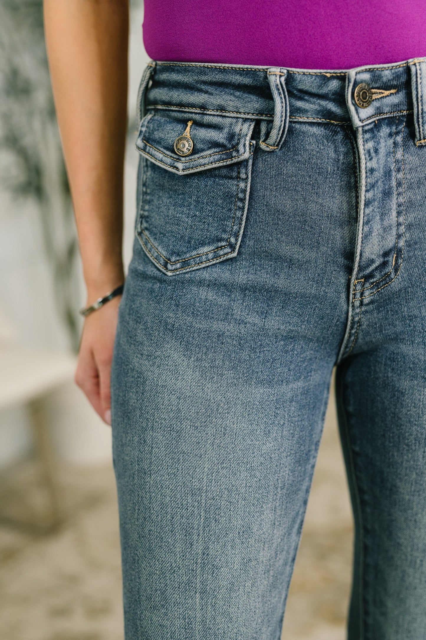 Jackie Mid Rise Flare Jean with Front Flap Pockets by Judy Blue
