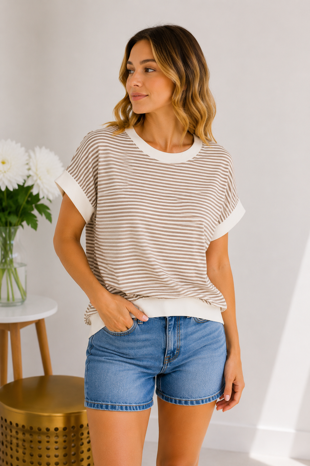 Zenana Mocha Morning Stripe Top