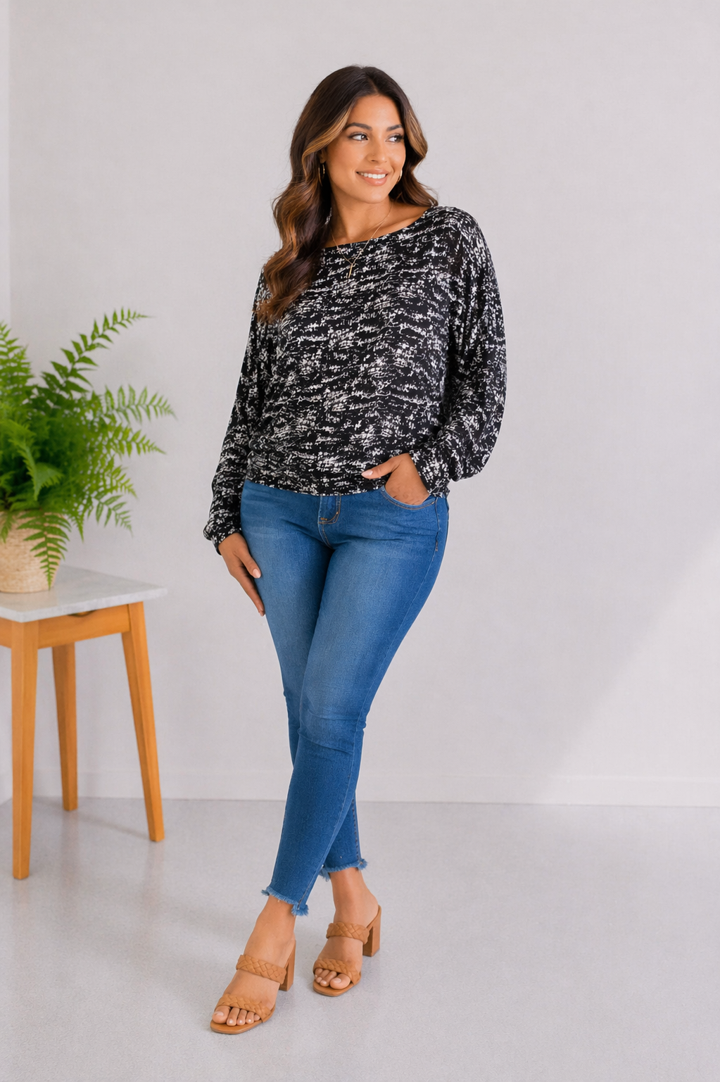 White Birch Salt & Pepper Long Sleeve Dolman
