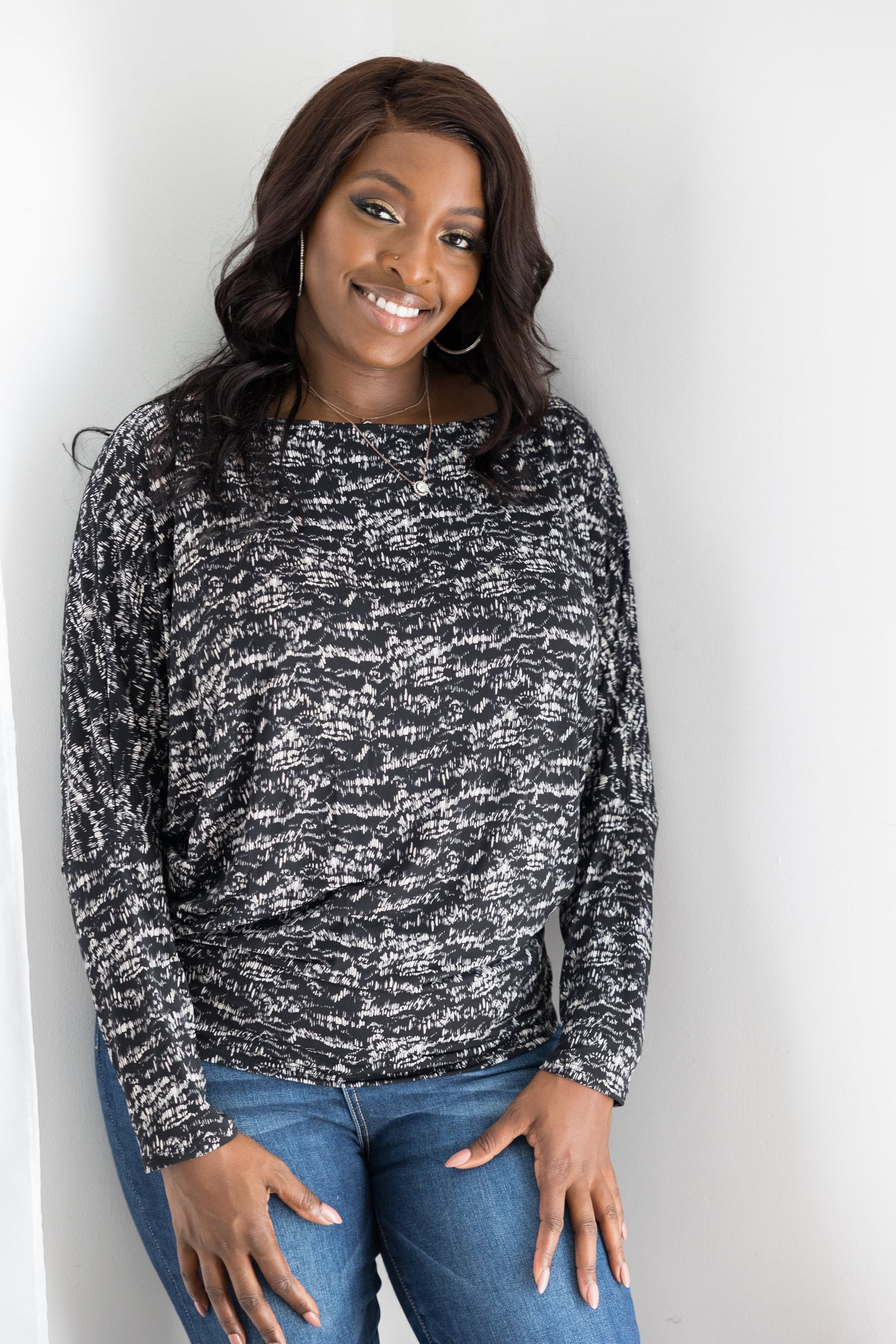 White Birch Salt & Pepper Long Sleeve Dolman